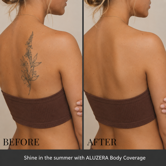 Before and after using Aluzera Body Coverage Concealer to cover a back tattoo