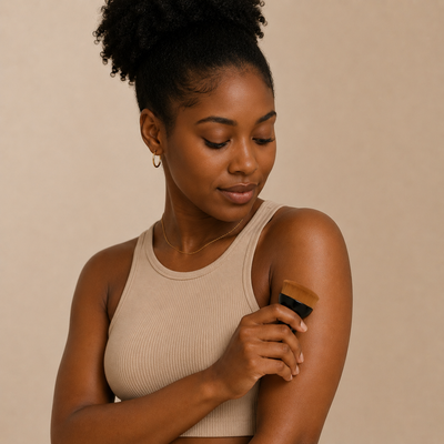 Model applying Aluzera Body Coverage Concealer with the brush