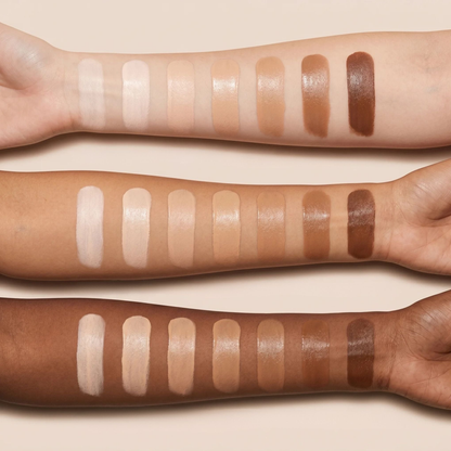 Aluzera Body Coverage Concealer shade swatches shown on three skin tones