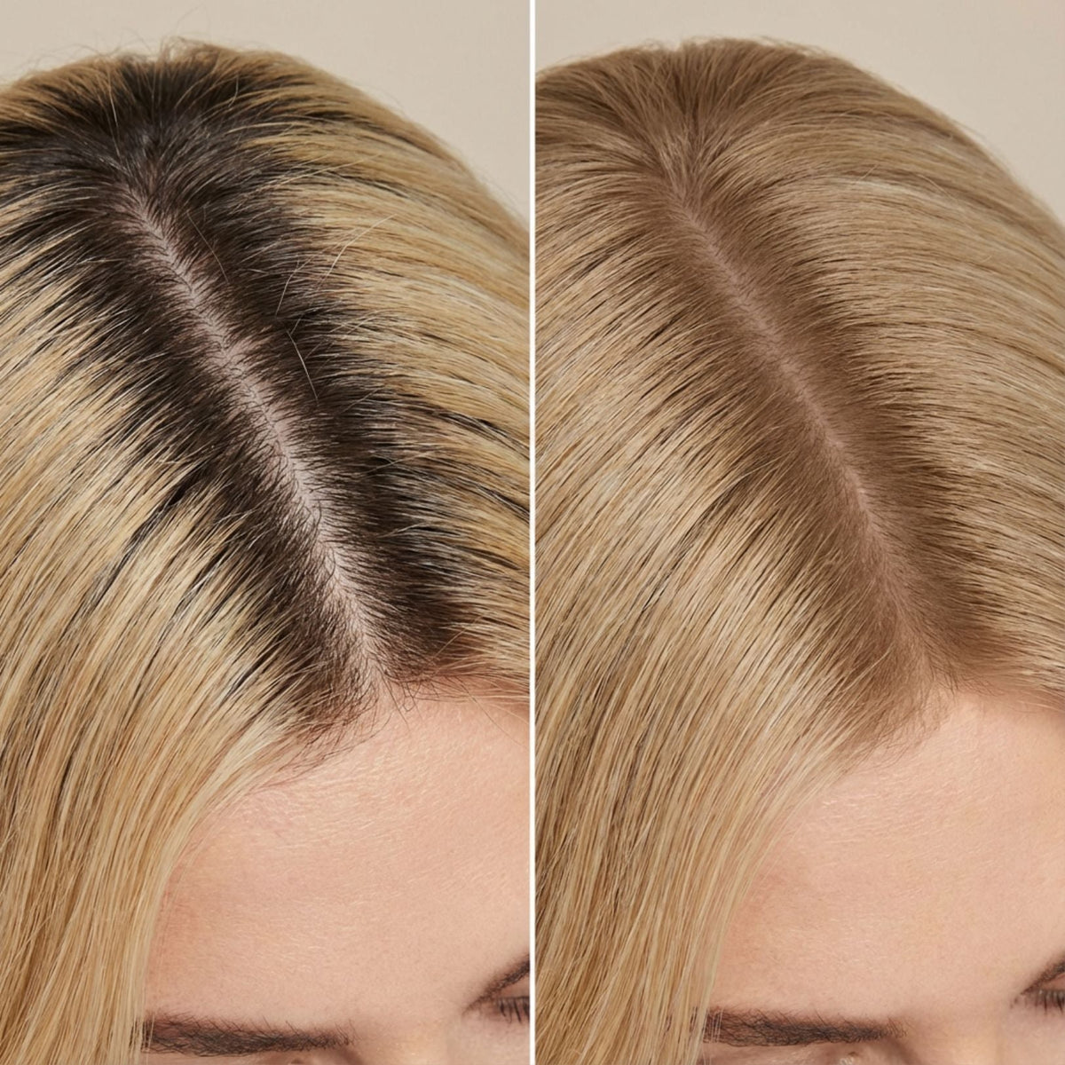 HAIR RICH before and after concealing dark roots on blonde hair