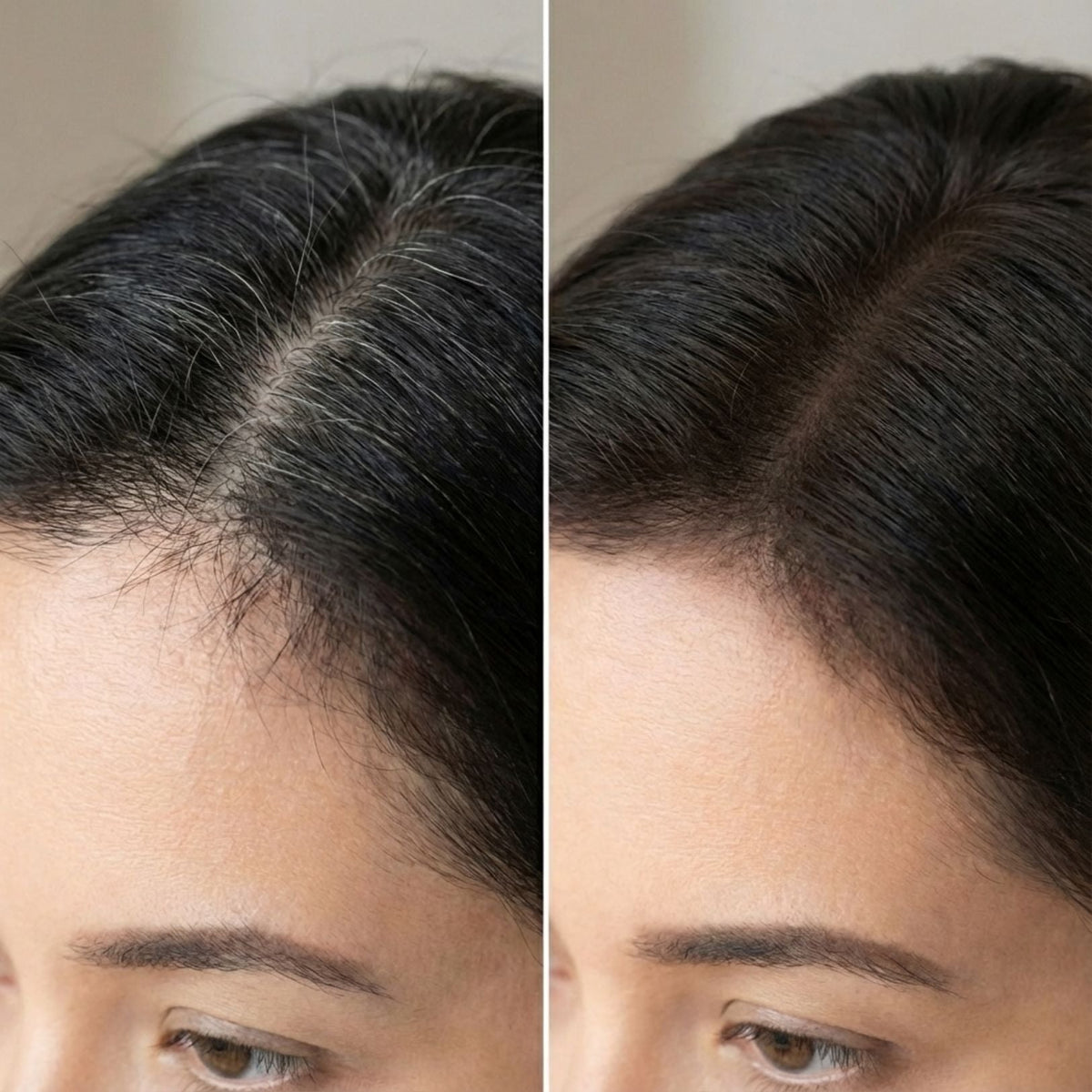HAIR RICH before and after covering grey roots on black hair
