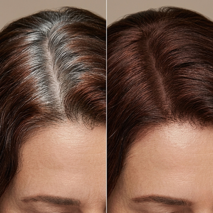 HAIR RICH before and after covering grey roots on brown hair